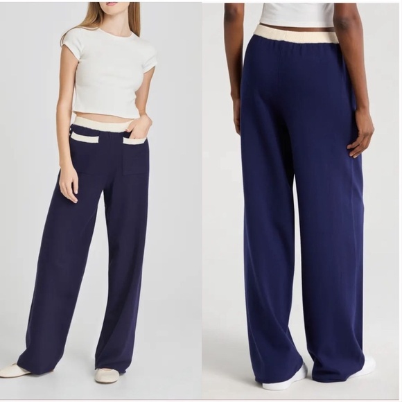 WAYF XS NWOT NAVY AND WHITE KNIT WIDE LEG PANTS - Picture 1 of 12